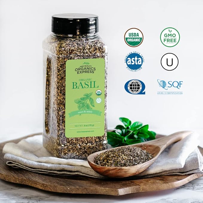 HQOExpress Organic Basil Medium Cut ??Non GMO, Kosher, USDA Certified Organic Basil Leaves, Dried and Ground ??Peppery and Aromatic Seasoning for Soups, Sauces, Dressings and Salads, 6 oz. Chef Jar