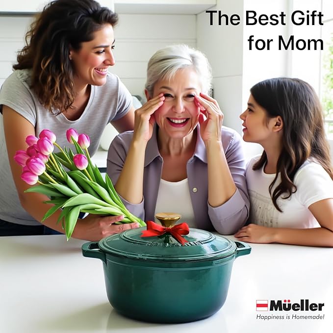 Mueller DuraCast 6 Quart Enameled Cast Iron Dutch Oven Pot with Lid, Heavy-Duty, Oven Safe up to 500째 F & Across All Cooktops, Wedding Registry Ideas & Gifts, Emerald