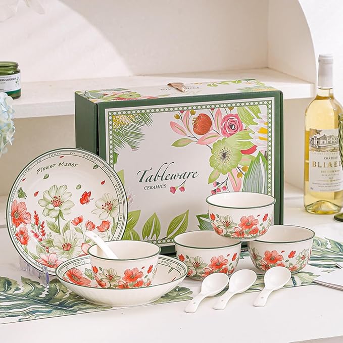 Premium Ceramic Dinnerware Set ??Floral Bowls & Plates Set, Elegant Hand-Painted Design, Microwave Safe, Ideal for Wedding/Housewarming/Corporate Gifts (Blossoms, 4*bowls+spoons+plates)
