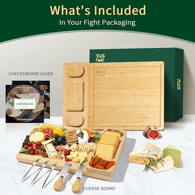 Premium Bamboo Charcuterie/Cheese Board Set ??Wooden Serving Tray with Hidden Knife Storage ??Cheese Knives & Forks - Perfect Bridal Shower, Housewarming, Anniversary, Mother's Day Gifts