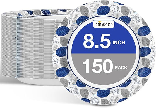 Ginkgo Paper Plates 8.5 Inch Bulk 150 Count, Heavy Duty Medium Disposable Dessert Plates,Microwave Safe, Soak Proof, Cut Resistant, for Party, Holiday, Travel, Picnic and Everyday
