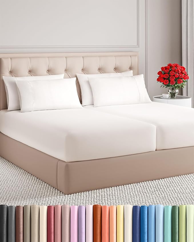 Split King 7 Piece Sheet Set - Cooling & Breathable Bed Sheets - Hotel Luxury Bed Sheets for Women, Men, Kids & Teens - Deep Pockets & Easy Fit - Soft & Wrinkle Free - Split King Antique White Sheets