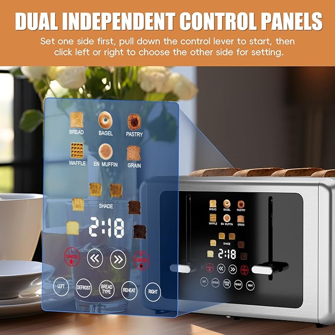 WHALL Touch Screen Toaster 4 Slice, Smart Digital Toaster with 1.5" Wide Slots, 6 Shade Settings & 6 Bread Types, Memory Function, Countdown Timer, Brushed Stainless,Ideal Kitchen Gift & Essential