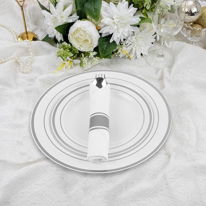 癤?75 Piece Silver Dinnerware Set,25 Silver Rim Plastic Plates, 25 Cups,25 Pre Rolled Napkins with Plastic Silverware, Disposable Dinnerware Set for 25 Guest