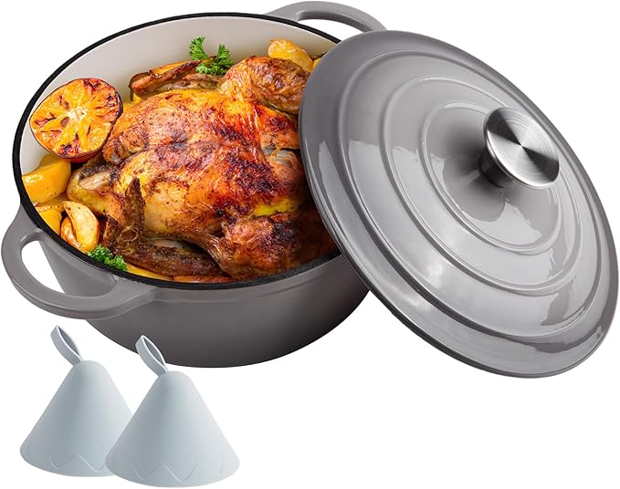 4.5 Quart Dutch Oven Enameled Cast Iron with Lid - Big Dual Handles - Oven Safe up to 500째F - Classic Round Pot for Versatile Cooking Light Gray
