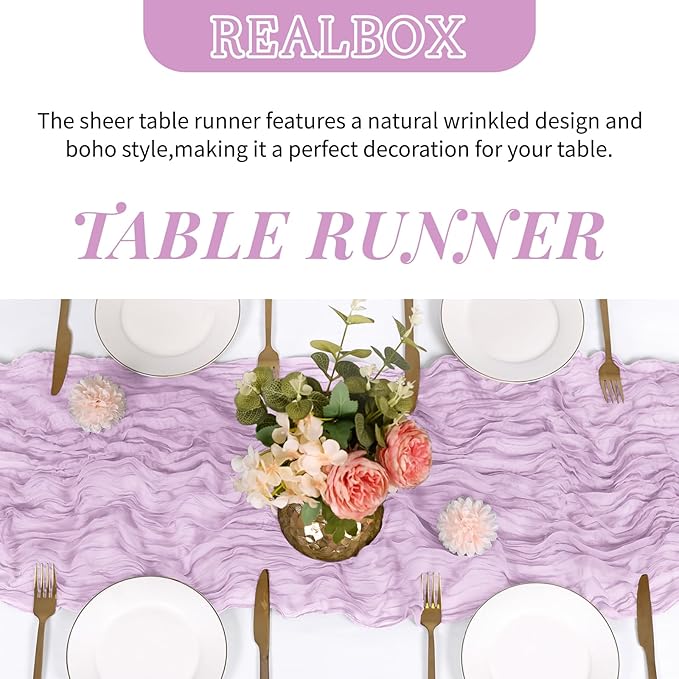 RealBox 6 Pack Lavender Cheesecloth Table Runner 17x108 Inch Semi Sheer Boho Gauze Cheese Cloth Fabric Table Runners Table Decor for Wedding Party Baby Shower Birthday Home Decor Garden Farmhouse