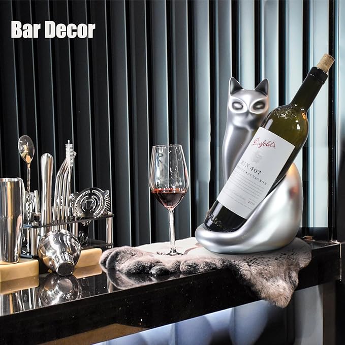 Tabletop Wine Rack Elegant Cat Shaped, Cat Decor Resin Wine Bottle Holder, Decorative Wine Storage for Home Bar, with Packaging for Cat Lovers Women, Silver