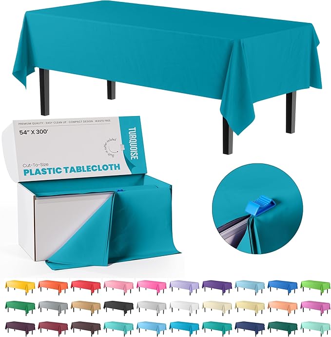 Party Solids 54 Inch X 300 Feet Turquoise Plastic Table Cover Roll in A Cut - to - Size Box with Convenient Slide Cutter. Cuts Up to 36 Rectangle 8 Feet Plastic Disposable Tablecloths
