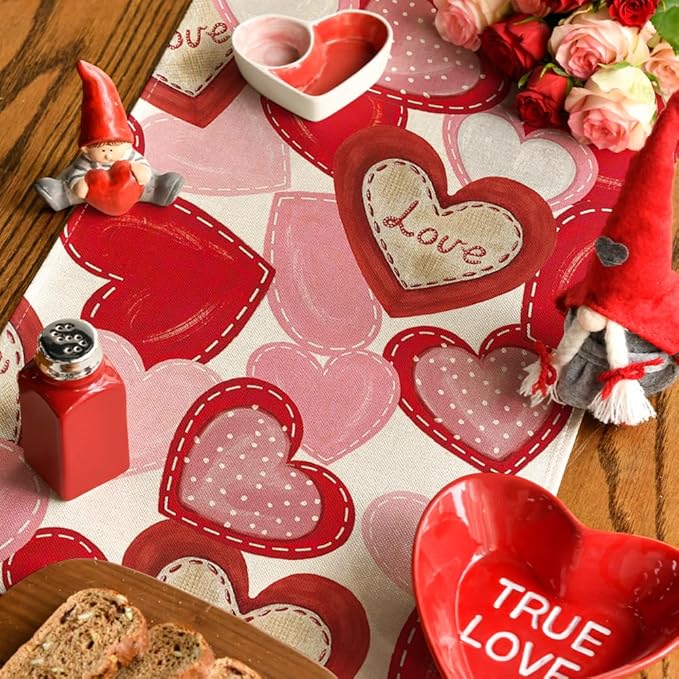 Artoid Mode White Pink Love Heart Valentine's Table Runner, HoliAnniversary Kitchen Dining Table Decoration for Home Party Decor 13x36 Inch