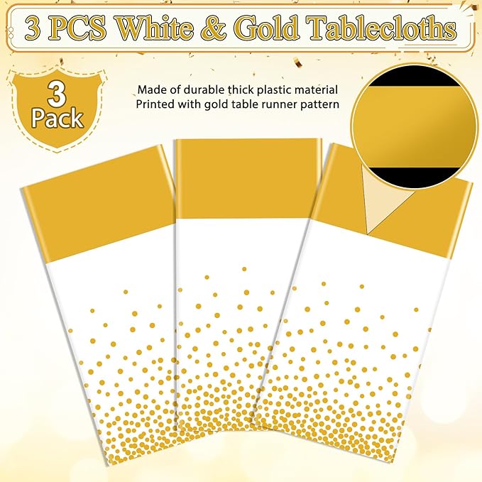 3Pcs White and Gold Tablecloth Party Decorations,Plastic White Table Cloth Printed Gold Table Runner Disposable Rectangle Table Cover for Birthday Wedding Anniversary Graduation Party,54 x108 Inch