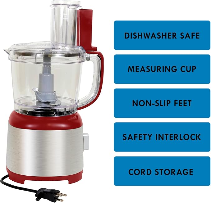 Kenmore 11-Cup Food Processor - Vegetable Procesador de Alimentos, Blender, Onion Chopper And Garlic Mincer, Kitchen Appliance High Powered Electric Licuadora, 500W, Stainless Steel Red