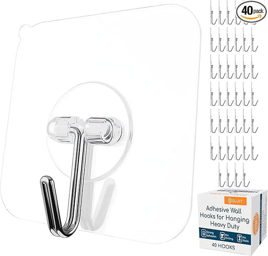 GLUIT Adhesive Wall Hooks for Hanging Heavy Duty 22 lbs Hooks for Walls No Damage, Towel Sticky Clear Hooks, Waterproof, Home, Bathroom, Kitchen, Office, and Outdoor, 40 Pack