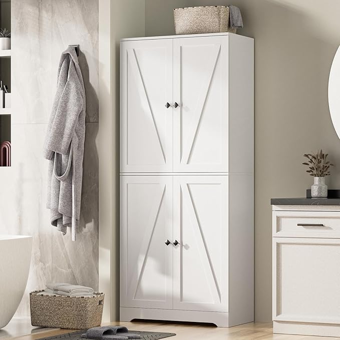 LYNSOM Farmhouse Storage Cabinet with Doors Set of 2, Kitchen Pantry Cabinet with 4 Barn Door and Adjustable Shelves, White Storage Cabinets for Kitchen, White