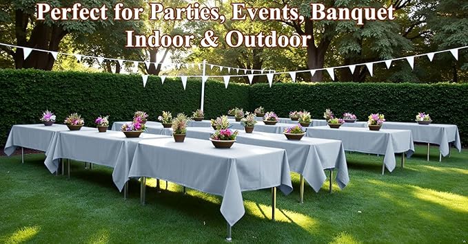 [6 Pack] Silver Paper Tablecloth Disposable for Rectangle Tables, 54 X 108 Inch Party Table Cover with Plastic Backing, Waterproof 3 Ply Table Cloth for Wedding Banquet Birthday