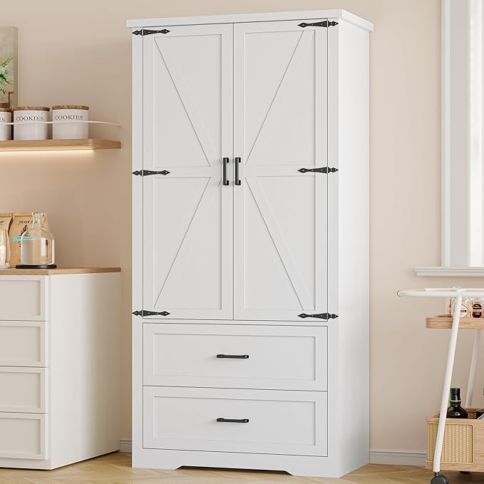 Pantry Organizers and Storage Cabinet, 71??Barn Door White Kitchen Cabinet with Drawers and Adjustable Shelf, Tall Pantry for Kitchen, Dining Room, Living Room. Bathroom and Office