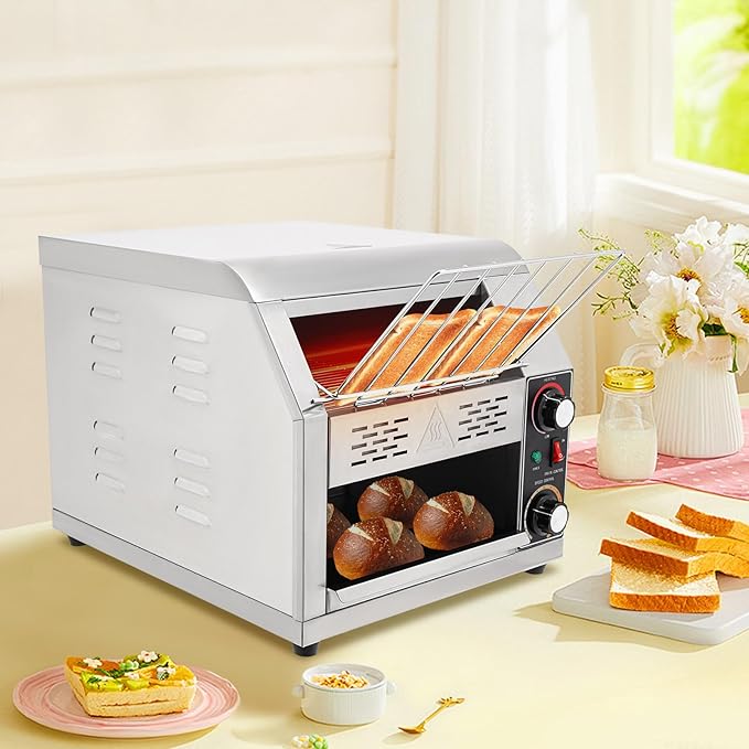 1900W Commercial Conveyor Toaster, 1-7 Gears Electric Stainless Steel Restaurant Toaster Oven with Grid & Crumb Tray Maximum Heating 300째C/572째F for Restaurants, Hotels (300 Slices/Hour)
