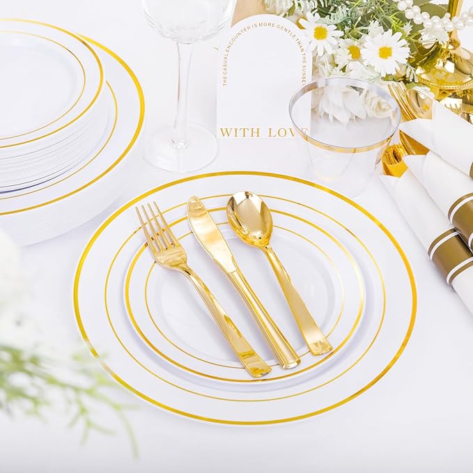 DaYammi 210PCS Gold Plastic Dinnerware Set Gold Plates Disposable Disposable Plates for Party Include: 30 Dinner Plates,30 Dessert Plates,30 Pre Rolled Napkins with Gold Silverware,30 Cups for Wedding