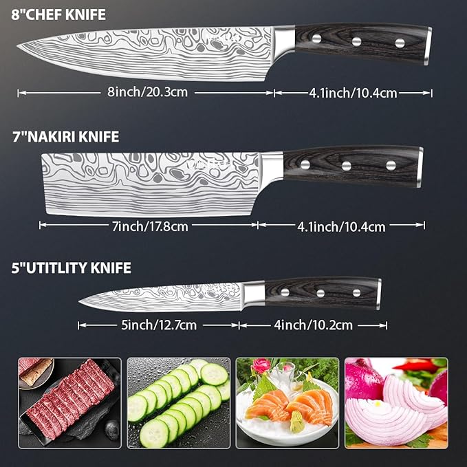 MOSFiATA Professional Chef Knife Set with German High Carbon Stainless Steel Kitchen Knife Set 3 PCSwith Finger Guard,Knife Sharpener,Knives Set for Kitchen with Gift Box