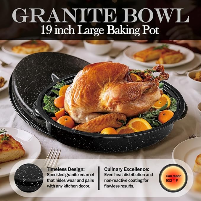 19??Turkey Roasting Pan Enamel Oval Granite Large Roaster Pan with Lid with 17in Inner Diameter Large Capacity Suitable for Thanksgiving Enamel Cook Ware Dishwasher Compatibility Oven Christmas Gift
