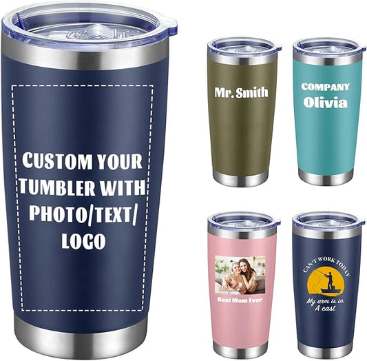COMOOO Personalized 20oz Stainless Steel Tumbler with Lid, Insulated Tumbler Custom Gift with Text, Photo, Logo for Men, Women, Friends竊똍avy, 1 Pack