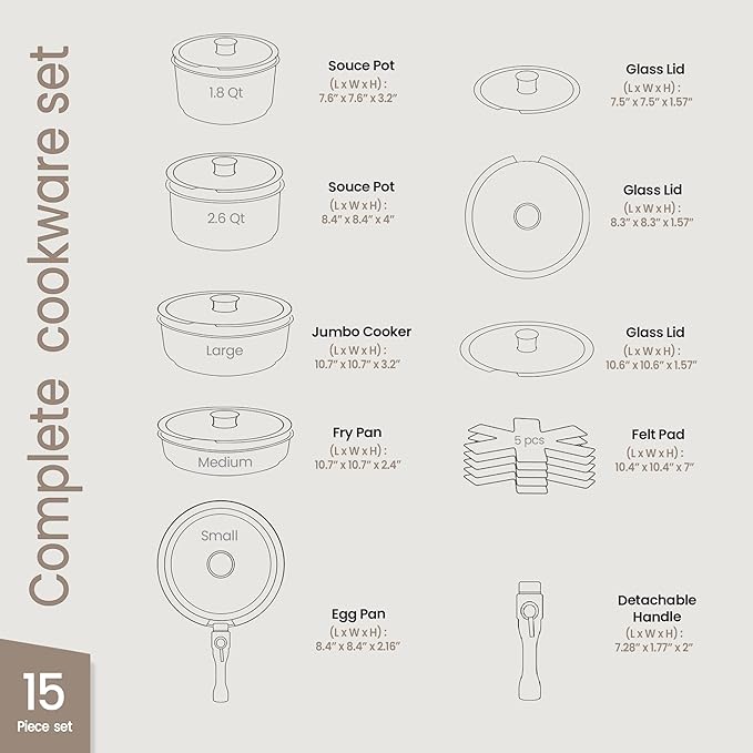 Pots & Pans Set Non Stick Ceramic-Granite ??15-Piece Cookware with Detachable Handles, Stackable Space-Saving, Dishwasher Safe, Oven & All-Stove Safe, Tempered Glass Lids, Black Granite