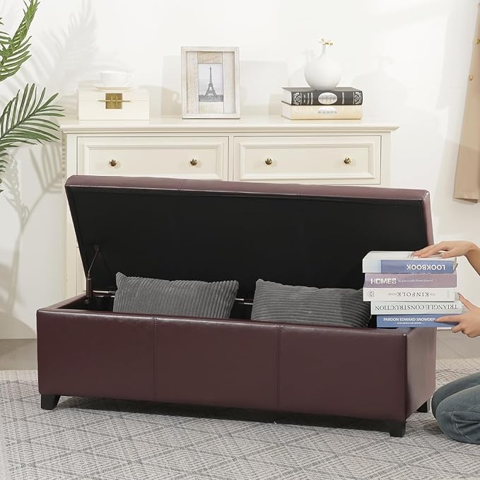 Joveco 47 Inch Storage Ottoman Bench,Tufted Leather Storage Bench with Nailhead Trim for Bedroom (47??Auburn)