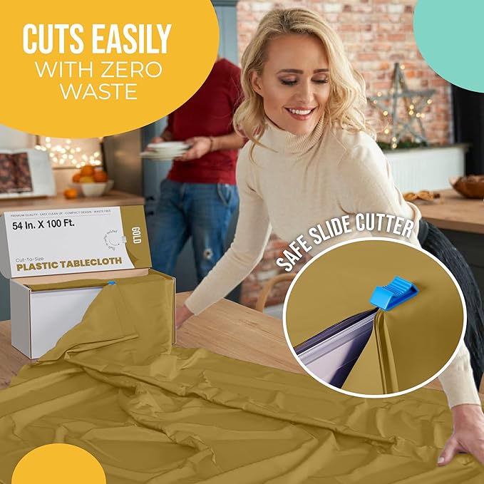 Party Solids 54 Inch X 100 Feet Gold Plastic Table Cover Roll in A Cut - to - Size Box with Convenient Slide Cutter. Cuts Up to 12 Rectangle 8 Feet Plastic Disposable Tablecloths