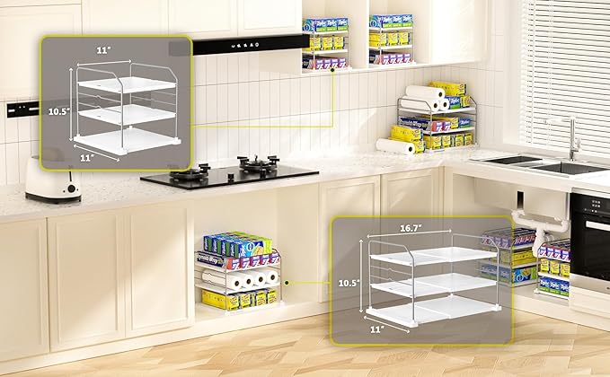 EVERIE Extendable 3-Tier Holder for Heavy Items, Jars, Bottles, Cans, Plastic Bags, Wrap, Foil, Snack and Box for Kitchen,Counter, Cabinets, 11'' to 16.7'' Wide (11??- 16.7??Wide, Piece, 2)
