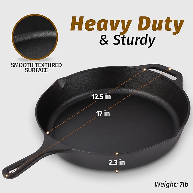 Zulay Kitchen Pre-Seasoned Cast Iron Skillet ??12.5 Inch Heavy Duty Frying Pan for Indoor & Outdoor Cooking ??Oven, Stovetop, Induction, Grill & Campfire Safe