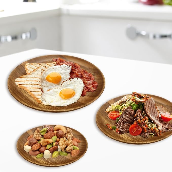 Acacia Wooden Plates Set of 3, 6/8/10 Inch Round Serving Platters for Charcuterie, Appetizers, Acacia Wood Plates, Stackable Dinnerware Trays for Kitchen, Party & Entertaining (Round Tray)