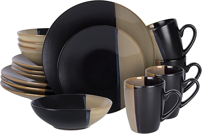 Stoneware Dinner Set Reactive Glaze (16pc Set, Black + Beige)