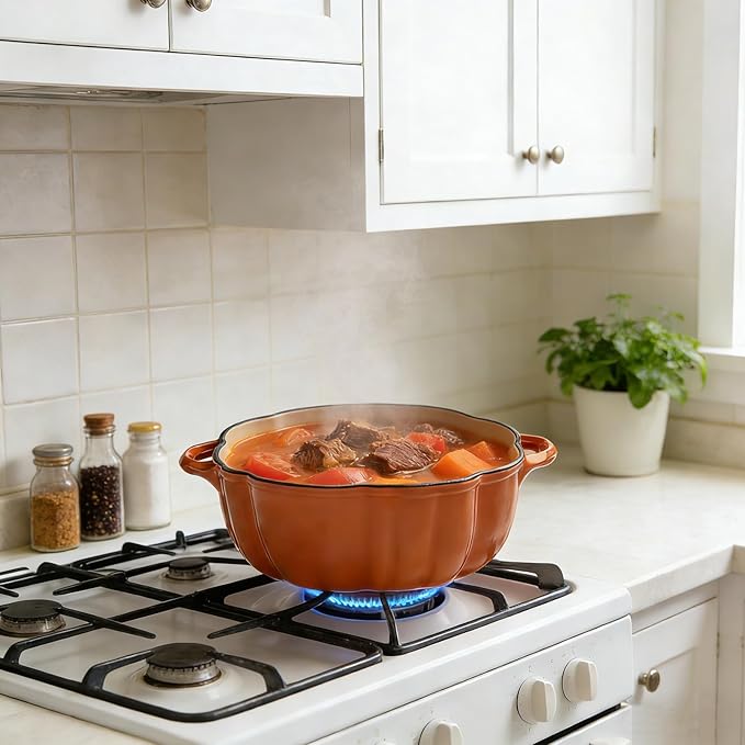 Pumpkin Enameled Cast Iron Dutch Oven with Lid - Pumpkin Shaped Soup Stew Pot, Halloween Thanksgiving Gift & Decor A