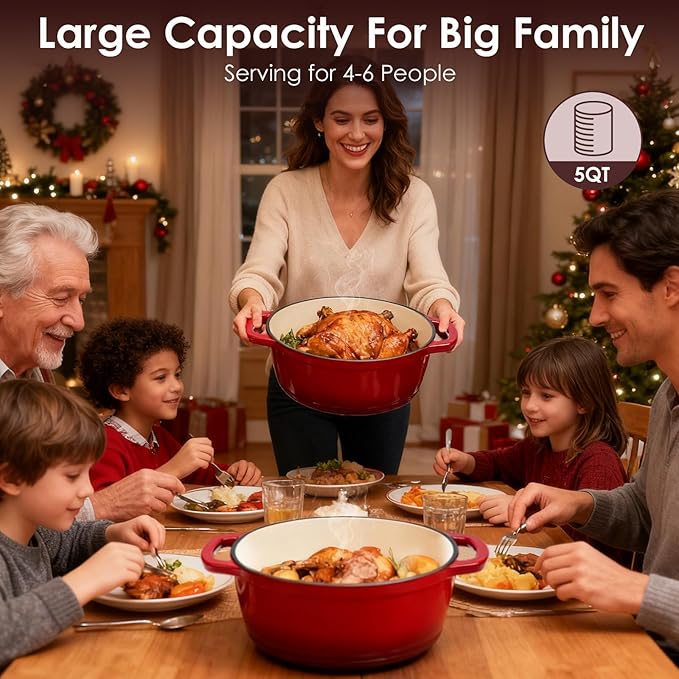 Enameled Cast Iron Dutch Oven Pot With Lid - AIVIKI 5QT Dutch Oven for Bread Baking With Cotton Potholders - Heavy-Duty Cookware for Braising, Stew, Roasting, Oven Safe up to 500째F, Red