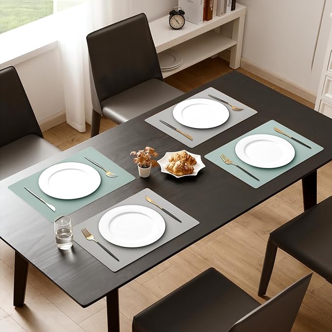 MOSAYT Vinyl Placemats Set of 6, Heat Resistant Place Mats 100% Waterproof Washable & Wipeable Faux Leather Reversible Table Mats for Kitchen Dining Party Outdoor, 12" x 17", Light Grey/Aqua