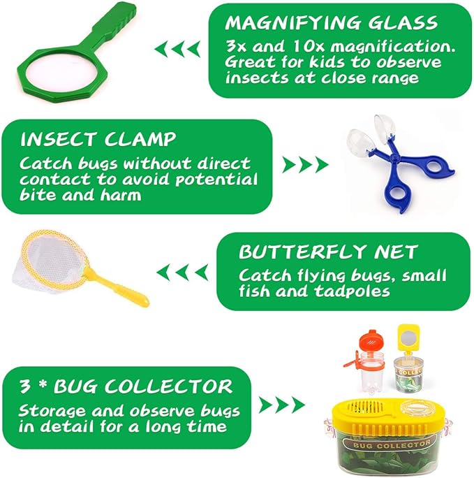 24 Pcs Kids Explorer Kit & Bug Catcher Kit for Kids, Outdoor Toys Adventure Camping Kit with Drawstring Bag, Binoculars, Compass, Butterfly Net, Educational Nature Exploration Toys Gift for Boys Girls