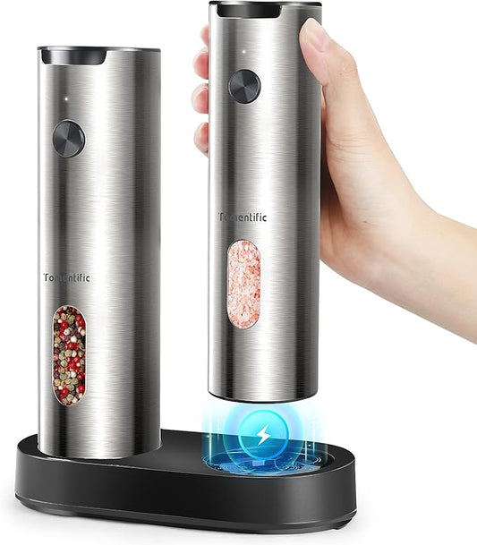 Electric Salt and Pepper Grinder Set with Rechargeable Base - Upgraded Large Capacity, Refillable Pepper Mill Set with LED Light & Adjustable Coarseness, Ideal for Kitchen, Outdoor, BBQ & Gift Giving