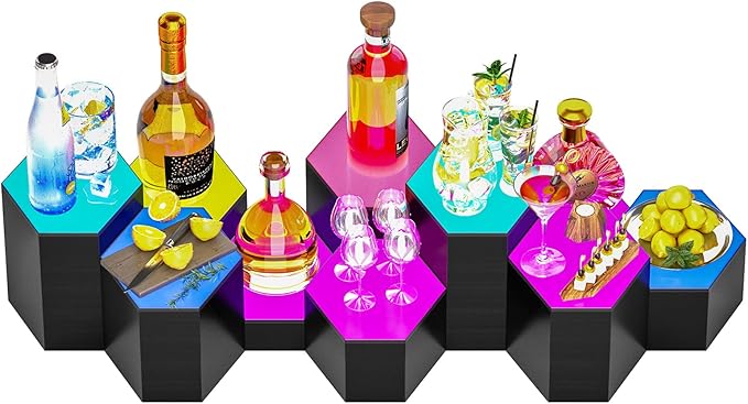 Dethan Hexagon Lighted Liquor Bottle Display Shelf - Wall-Mounted Wine Rack with Multi-Color App & Remote Control, Adjustable Brightness & Sound Modes, Acrylic Bar Shelves for Club Displays