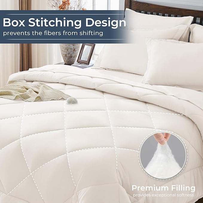 HEVUMYI Ivory King Comforter Set - 7-Piece All Season Bed in a Bag King, Ultra Soft Bedding Set with Comforter, Flat Sheet, Fitted Sheet, Pillowcases, Pillow Shams