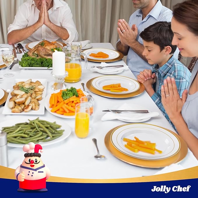 JOLLY CHEF 200 Pieces Gold Plastic Plates, 10 Inch Elegan Disposable Plates White Plate with Gold Rim,Plastic Plates for Christmas?갃irthdays and Weddings