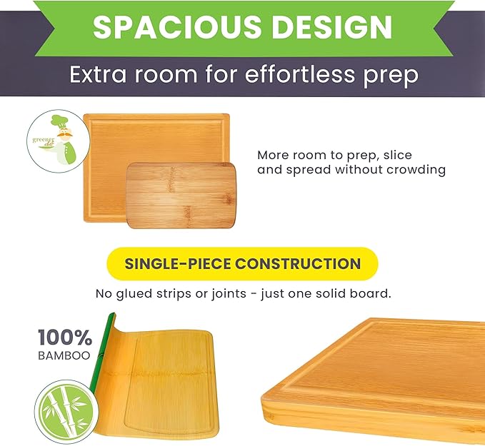 Extra Large Bamboo Cutting Board Set of 2 ??Wood Cutting Boards for Kitchen with Glue-Free Surface??& Juice Groove ??Non-Toxic Wooden Chopping Boards, FSC-Certified, Durable Carving Boards - Rectangle