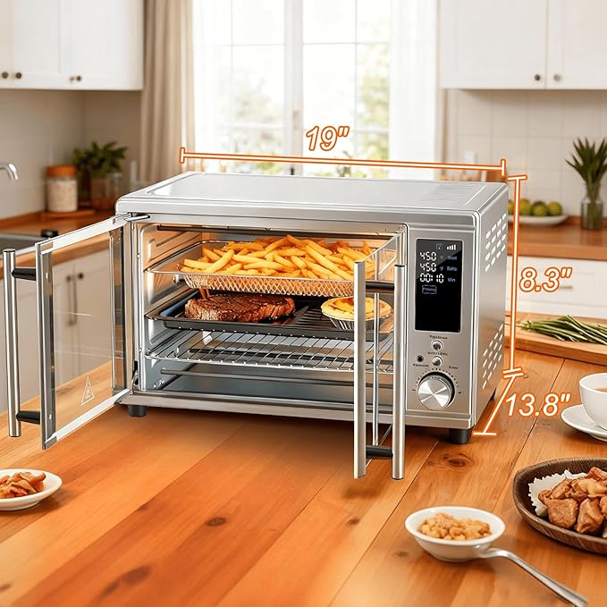 OLIXIS Air Fryer Toaster Oven Combo Dual Door, 29.6QT Oven Countertop 12 Functions in 1, 7 Accessories Included, Stainless, Up to 450°F