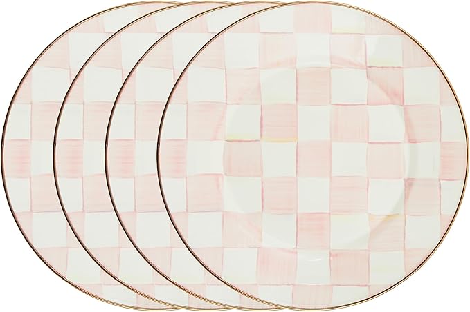 MACKENZIE-CHILDS Enamel Dinner Plate, Decorative Dinnerware Plate, 10 Inches, Set of 4, Pink-and-White Rosy Check