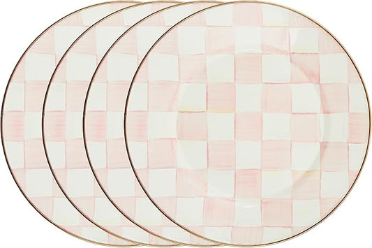 MACKENZIE-CHILDS Enamel Dinner Plate, Decorative Dinnerware Plate, 10 Inches, Set of 4, Pink-and-White Rosy Check