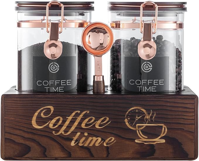 2-Piece Borosilicate Glass Coffee Storage Jars with Wooden Stand & Spoon - Airtight Sealed Containers for Coffee Beans, Ground Coffee, Tea - Clear Glass Canisters for Kitchen Countertop
