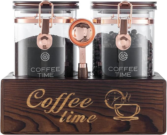 2-Piece Borosilicate Glass Coffee Storage Jars with Wooden Stand & Spoon - Airtight Sealed Containers for Coffee Beans, Ground Coffee, Tea - Clear Glass Canisters for Kitchen Countertop