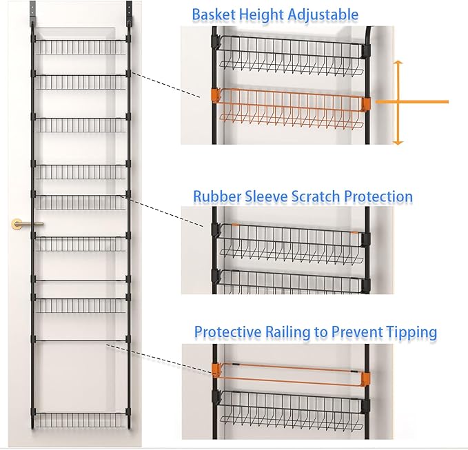Black Over the Door Pantry Organizer 5 Tier, Adjustable Basket Pantry Door Organizer and Storage, Heavy Duty Metal Kitchen Hanging Spice Rack (D5xW19xH50 Inches)
