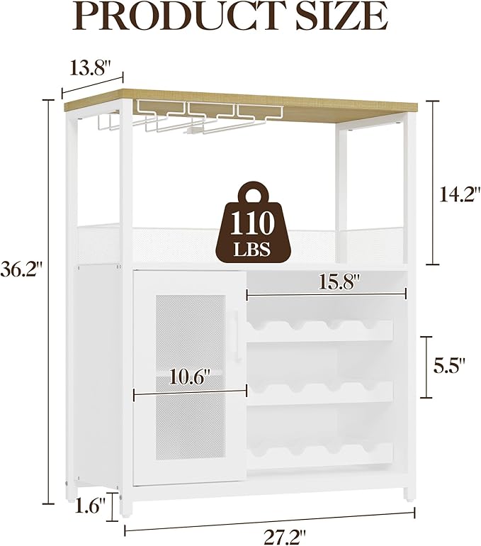 Vintage Industrial Wine Bar Cabinet with Adjustable Wine Racks and Glass Holders, Mesh Door Sideboard Storage Cabinet for Living Room, Kitchen, Dining Room, Compact Design, Easy Assembly,White