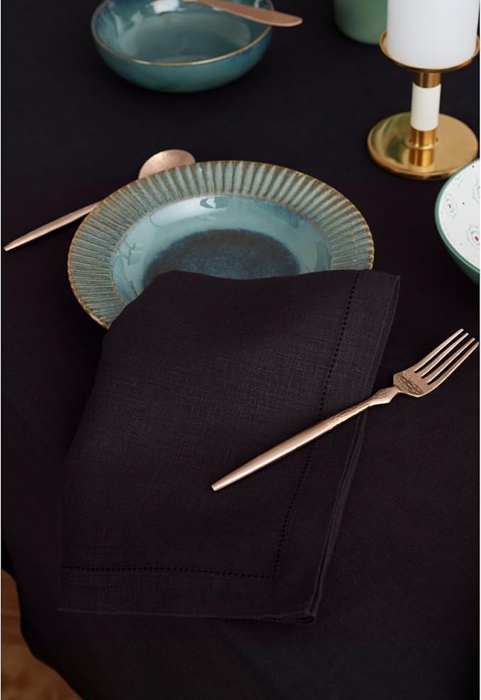 Solino Home Black Linen Tablecloth 70 x 70 Inch - 100% Pure Linen Table Cloth - Sonoma, Machine Washable Tablecloth for Winter, Spring