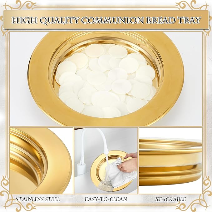 Zhehao 1 Pcs Communion Plates for Church Communion Bread Tray Plate Church Supplies Set Polished Stainless Steel Tray (Gold)
