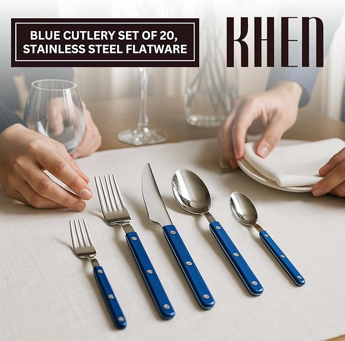 Khen Cutlery Set of 20, 18/8 Stainless Steel Flatware, Modern Silverware for Home, Kitchen, Dining & Table Setting for 4 ??Stainless Steel, Dishwasher Safe, Lightweight & Ergonomic Design Gift - Blue